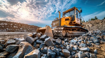 On the construction premises, a bulldozer is transferring rocks to create a pile, prepping the area for the erection of a new dwelling.