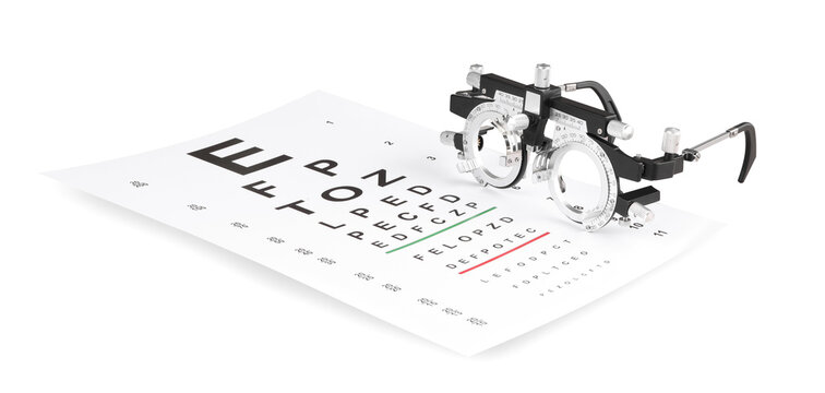 Trial frame and vision test chart isolated on white