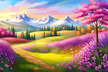 Poster Idyllic mountain landscape in the Alps with blooming trees and meadows in summer springtime. © Любовь Переславцева