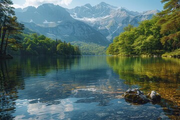 Fototapeta premium A calm, crystal-clear mountain lake surrounded by lush greenery and rugged mountain peaks reflecting in the water