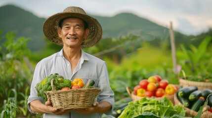 An Asian farmer stands in front of a vegetable garden with a basket full of fresh vegetables. Agriculture until the vegetable harvesting season in the greenhouse