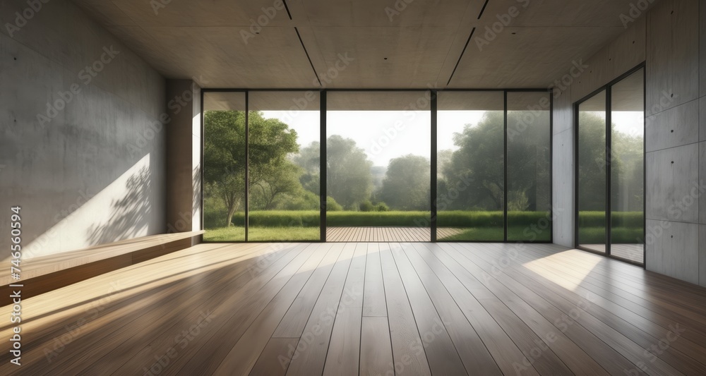 Poster  Modern minimalist interior with floor-to-ceiling windows and natural light