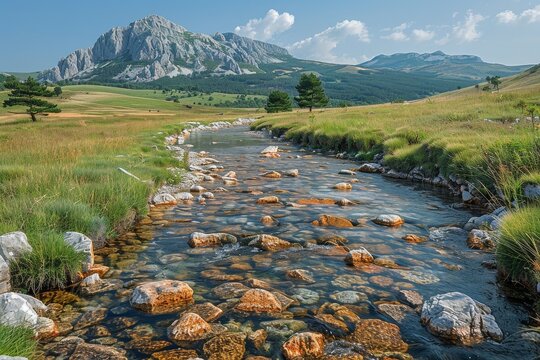 Pristine nature image featuring a majestic mountain next to a tranquil flowing river with clear water and rocks