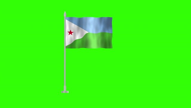 Flag of Djibouti, Pole flag of Djibouti on Green screen chroma key, Djibouti 3D Animation flag waving in the wind isolated on Green Background. 
