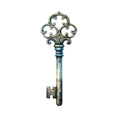 Watercolor Skeleton Key Clipart  Isolated on White