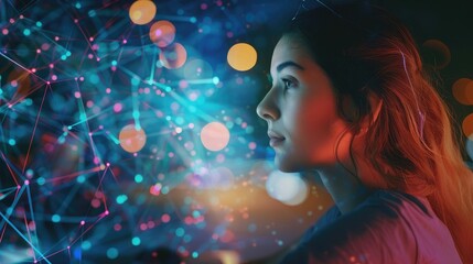 Digital technology, internet network connection, big data, digital marketing things. Woman using modern computer surfing internet futuristic metaverse, innovative technology background