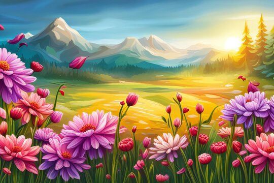 Spring landscape in countryside with on hills, blue sky landscape with grass field and wildflower flowering trees, Holiday natural background.