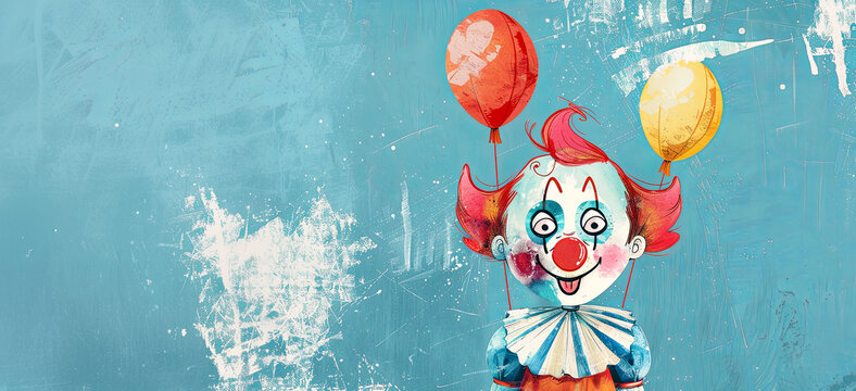 April fool's day. Holiday banner with a cheerful clown and baloons. Watercolor illustration.