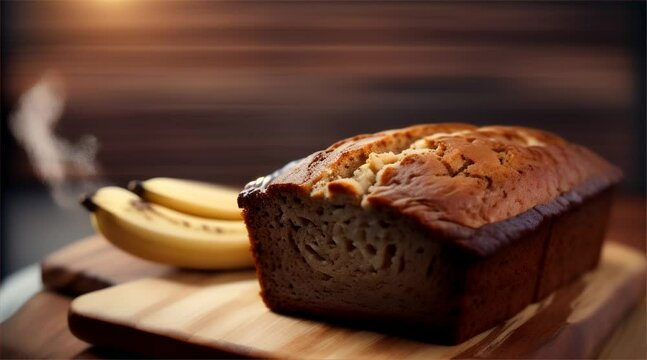 Freshly baked banana cake on a wooden plate with fresh bananas, isolated Delicious homemade dessert, perfect for a snack or breakfast