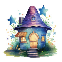 Fototapeta na wymiar Watercolor Star Fairy House Clipart Isolated on White
