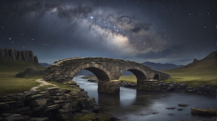 A lone, weathered stone bridge whispers tales of forgotten travelers beneath a starry sky  