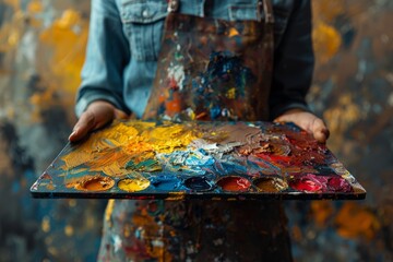 A vibrant photograph highlighting a painter's palette full of different colors and a smeared apron,...