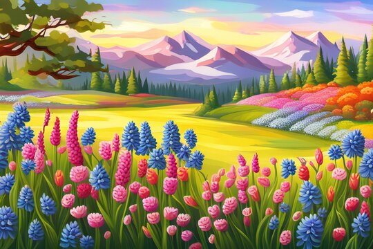 background style beautiful spring day with trees and mountains and flowers.