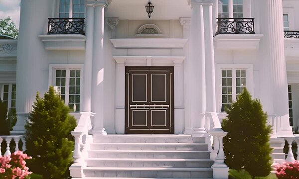 White mansion with columns and a staircase, surrounded by blooming rose bushes. The concept of luxurious living and architecture.