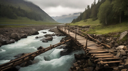 A rickety wooden bridge, precariously balancing over a raging river, evokes a sense of adventure.

 - obrazy, fototapety, plakaty