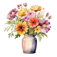 Watercolor Vase of Flower Clipart  Isolated on White