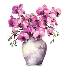 Watercolor Vase of Orchid Clipart  Isolated on White