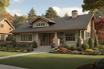 A spacious craftsman ranch with a low-pitched roof, a brick facade, and a large bay window.

