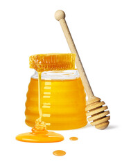Natural honey in jar, wooden dipper and piece of honeycomb on white background