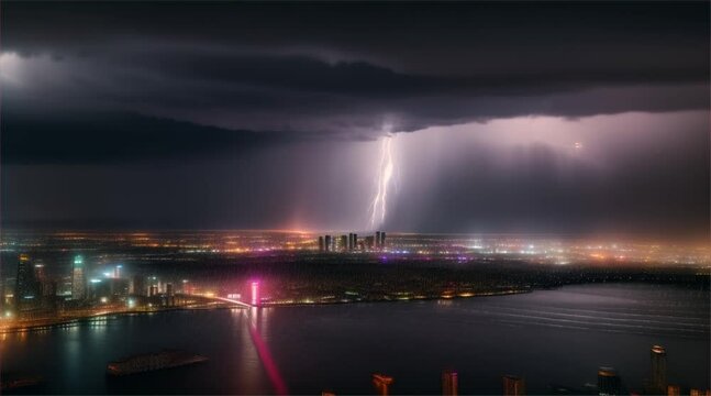 Night city landscape with city lights and traffic against background of lightning strikes before storm.