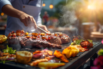 Person grilling fresh produce and beef on a barbecue. Time for barbecue party. 