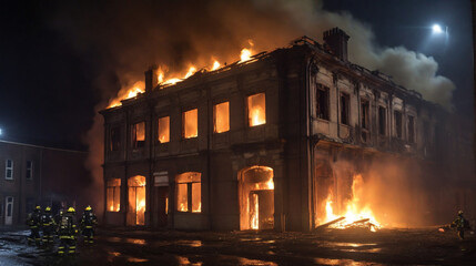 Firefighters battle a raging blaze engulfing a derelict building, sparks illuminating the night.

 - obrazy, fototapety, plakaty