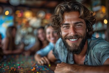 A young man with a bushy beard and a casual shirt beams at the camera, with people and bar environment blurry in the background - obrazy, fototapety, plakaty