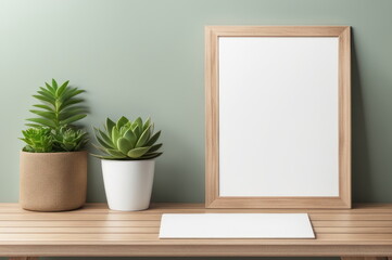 Fototapeta na wymiar Minimalist Setup with Blank Poster Frame and Green Succulents