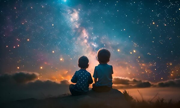 Two children observing a galaxy against the night sky. The concept of the grandeur of space and childlike wonder.