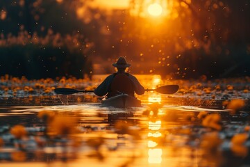 A serene image capturing a kayaker paddling through waterways covered with lily pads as the sun sets