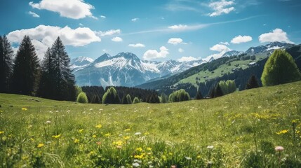 a grassy field with trees and mountains in the background