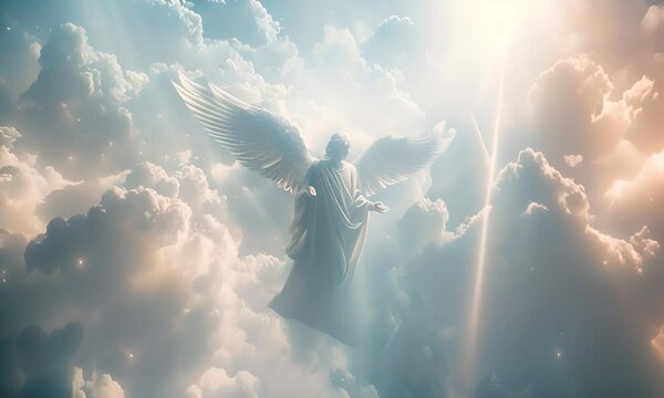 Angel in the clouds with outstretched wings. The concept of heavenly peace and freedom.