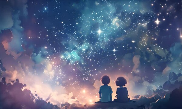 Two children sitting on the ground looking at the starry sky. The concept of childhood magic and the infinity of space.