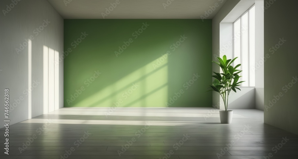 Sticker  Modern minimalist interior with natural light and greenery