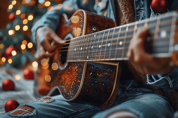 Obraz premium Intimate image of a person playing an acoustic guitar, surrounded by holiday decorations