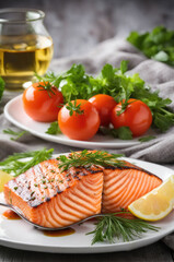 Perfectly Grilled Salmon Steak with Lemon on White Plate