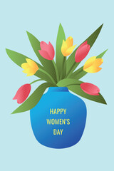 Happy women's day. Bouquet of tulips in vase. Vector illustration.
