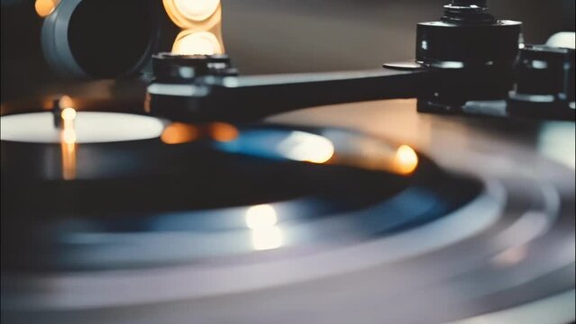 A record player is playing a vinyl record on a turntable