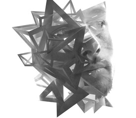 Abstract portrait of a young man combined with 3D shapes in a double exposure