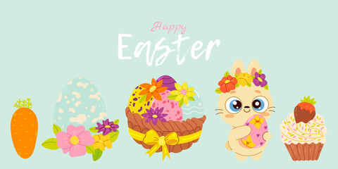 Cute Easter card set. Spring collection of animals, colorful Easter eggs and decorations. For poster, card, scrapbooking , stickers