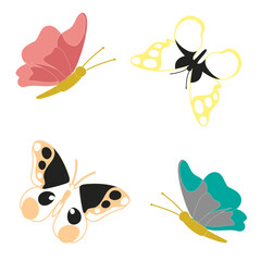 Butterflies of different colors and shapes isolated on white background. Beautiful flying insects. Vector illustration in cartoon flat style.