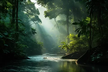 Fotobehang a river running through a lush green forest © TheThao
