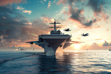 panoramic view of a generic military aircraft carrier - obrazy, fototapety, plakaty