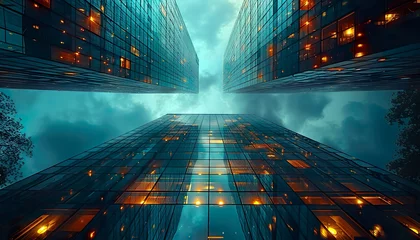 Foto op Plexiglas Reflective skyscraper business office buildings. Bottom up view of big modern city urban landscape © Animager
