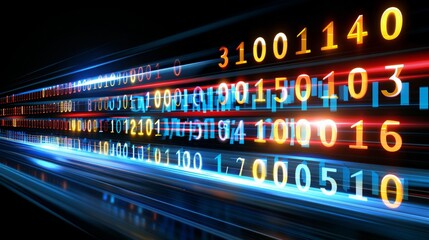 Digital interface with red and blue pixelated data stream, binary code, and encryption concept