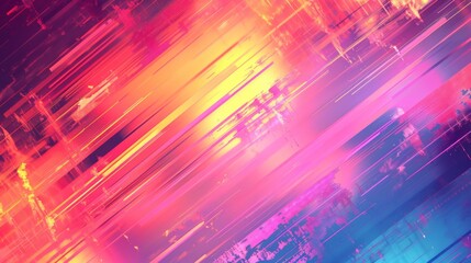 An abstract depiction of a cityscape disrupted by vibrant glitch art distortions, creating a chaotic yet captivating visual experience.