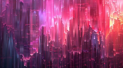 Digital abstract art depicting a neon pink cityscape, with vertical lines creating a vibrant and futuristic urban impression.