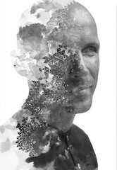 An abstract paintography double exposure black and white male portrait