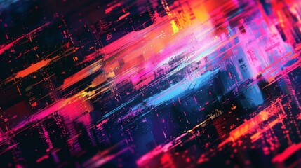 An abstract depiction of a cityscape disrupted by vibrant glitch art distortions, creating a chaotic yet captivating visual experience.