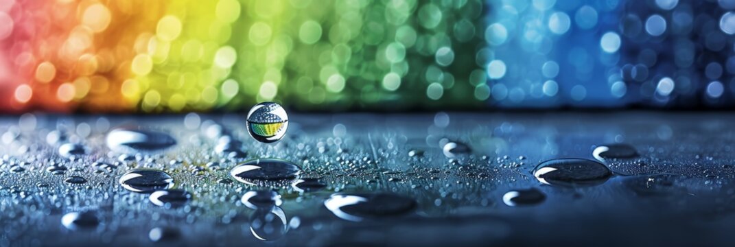 Vibrant water droplets on colorful wet surface creating a mesmerizing macro background display